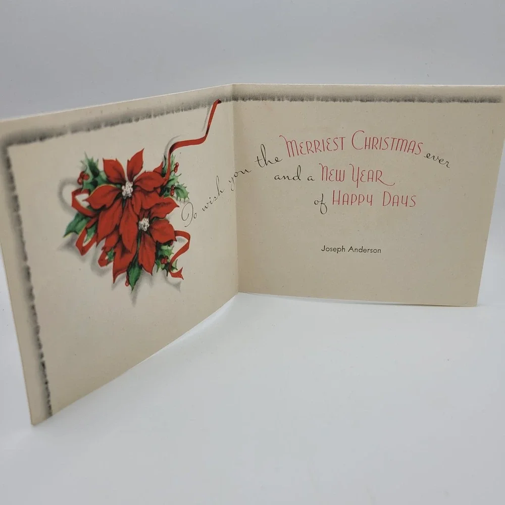 Vintage Christmas Greetings Card Poinsettia Flowers‎ Made in USA Joseph Anderson